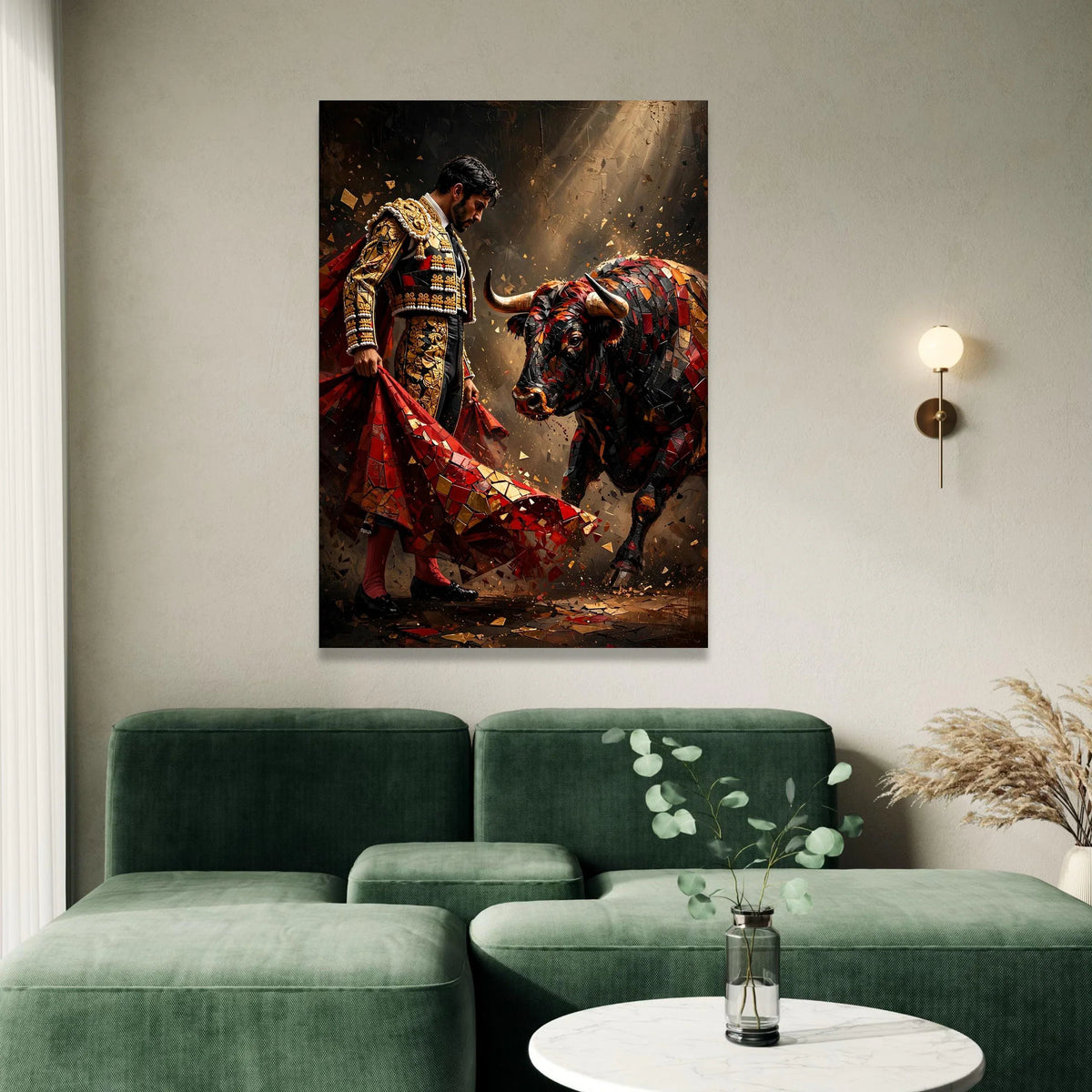 Matador and Bull Canvas Wall Art, Spanish Bullfighting Scene, Dramatic Red and Gold Canvas, Courage and Tradition Decor, Canvas Print Art