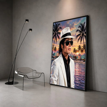 Sunset Beach Portrait Canvas, Stylish Man White Hat, Urban Palm Tree Scene, Evening Coastal Landscape Wall Art, Modern Home Canvas Print Art