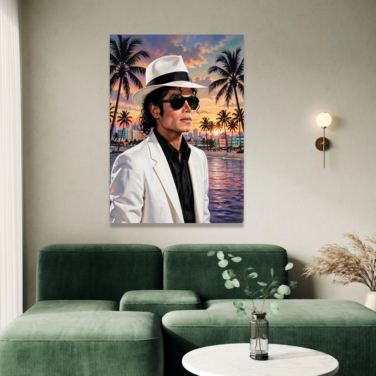 Sunset Beach Portrait Canvas, Stylish Man White Hat, Urban Palm Tree Scene, Evening Coastal Landscape Wall Art, Modern Home Canvas Print Art