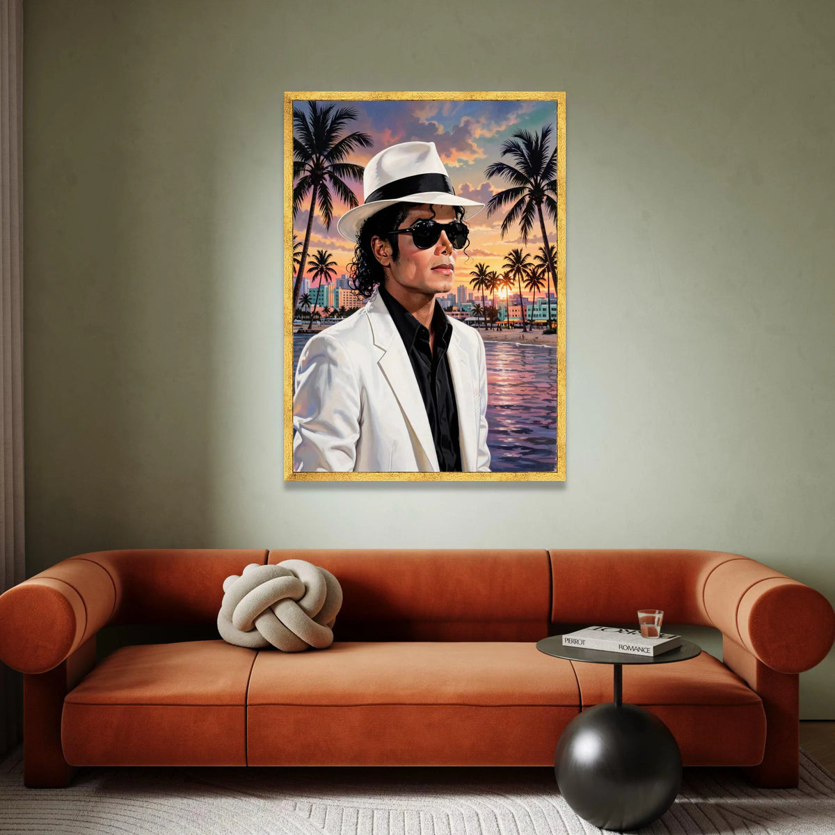 Sunset Beach Portrait Canvas, Stylish Man White Hat, Urban Palm Tree Scene, Evening Coastal Landscape Wall Art, Modern Home Canvas Print Art