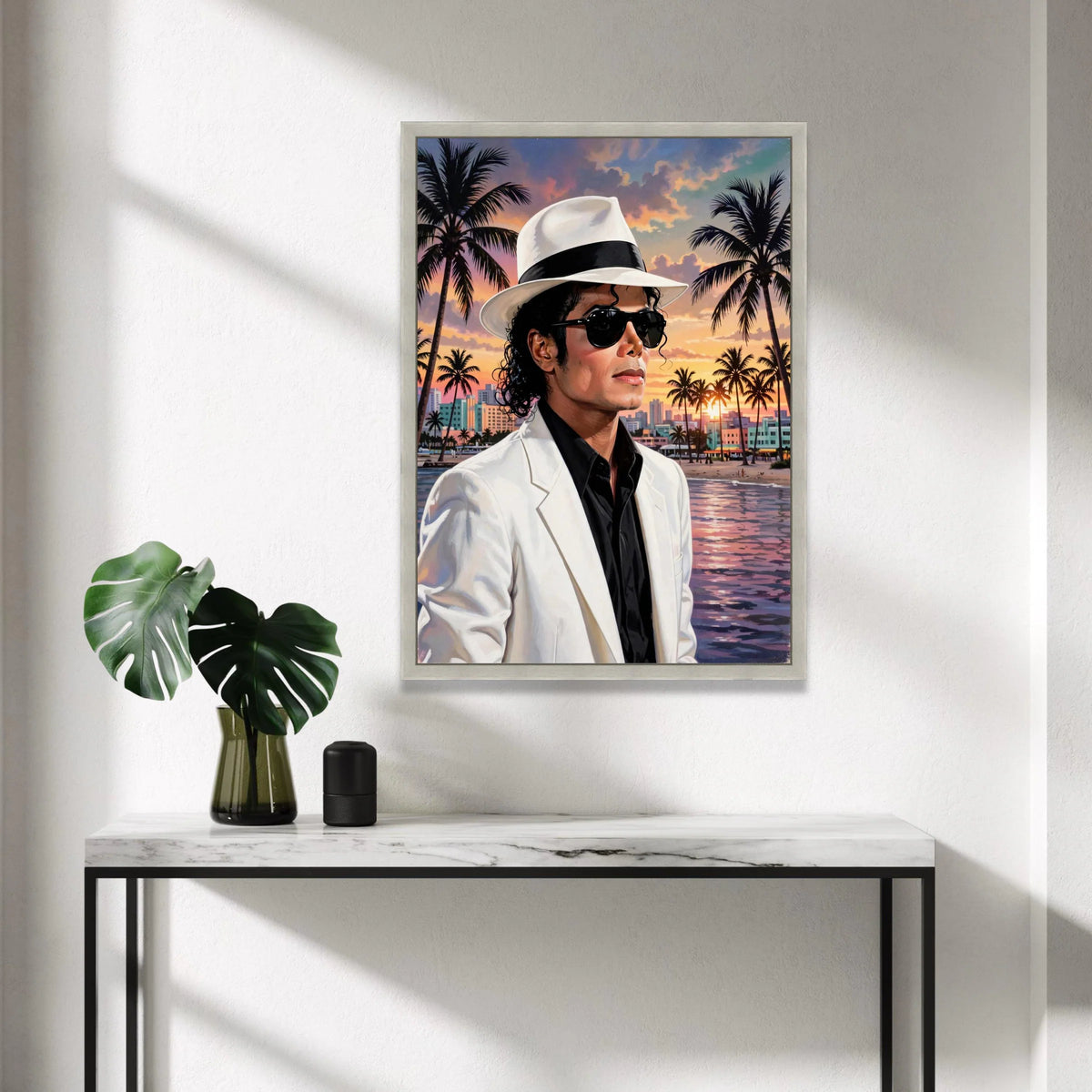 Sunset Beach Portrait Canvas, Stylish Man White Hat, Urban Palm Tree Scene, Evening Coastal Landscape Wall Art, Modern Home Canvas Print Art