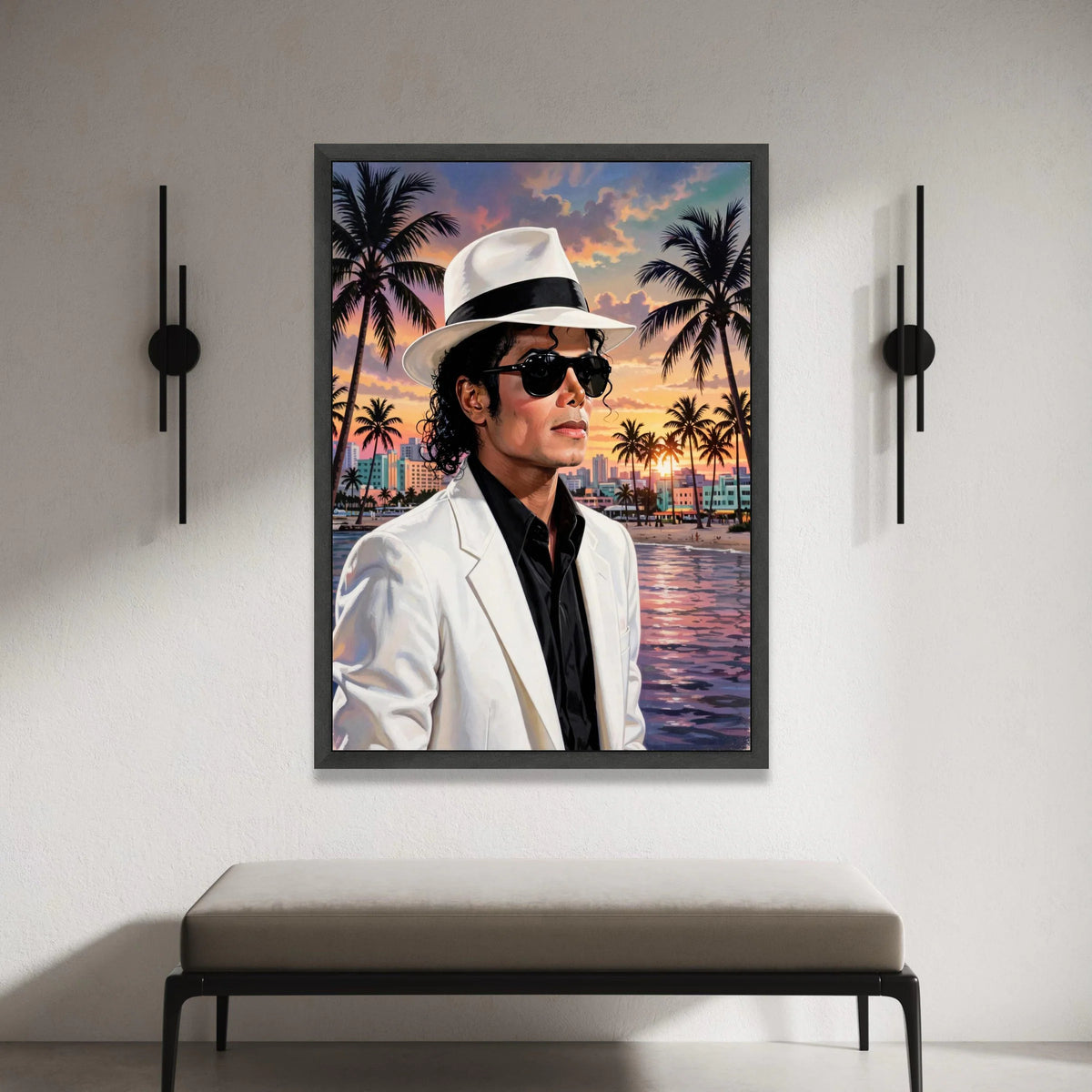 Sunset Beach Portrait Canvas, Stylish Man White Hat, Urban Palm Tree Scene, Evening Coastal Landscape Wall Art, Modern Home Canvas Print Art