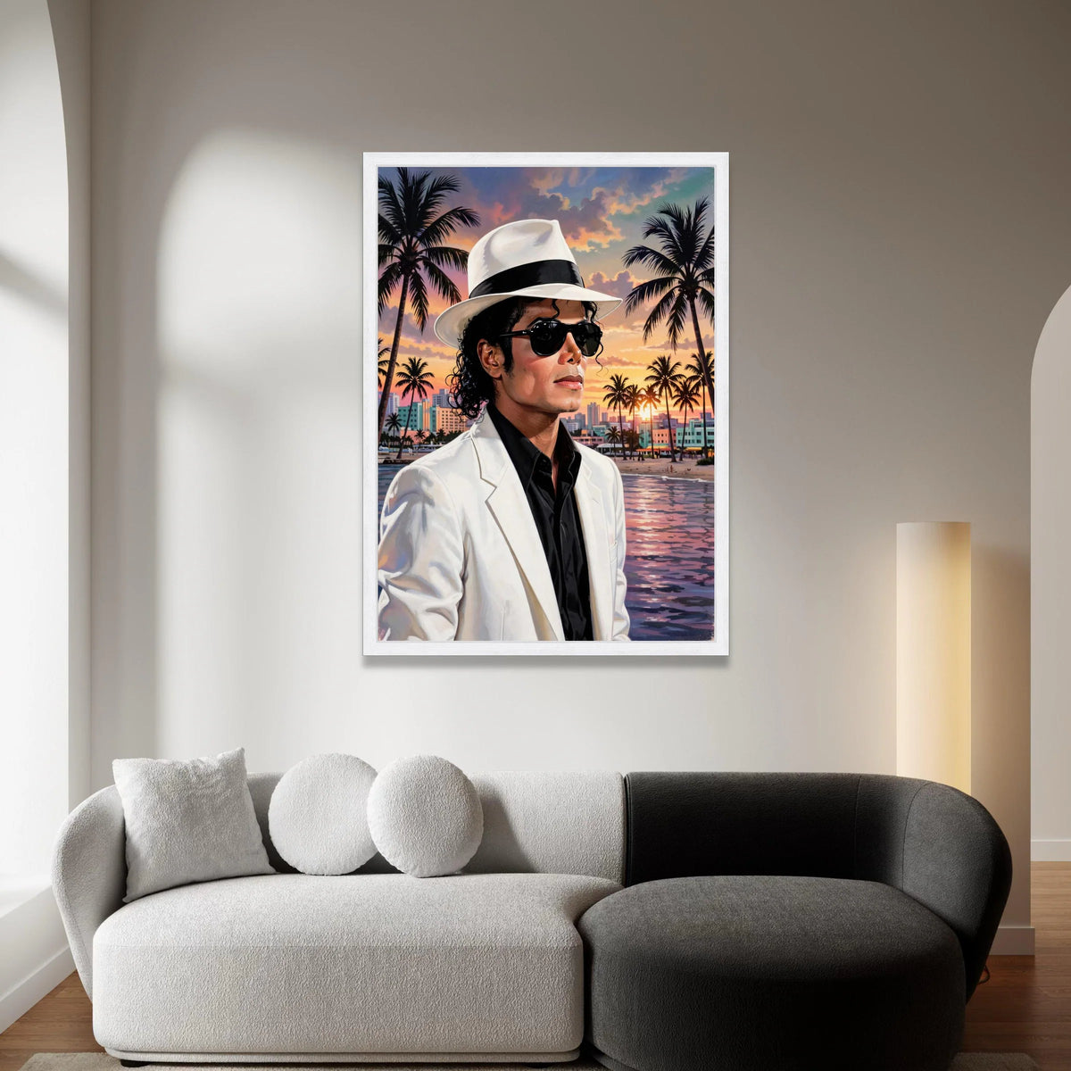Sunset Beach Portrait Canvas, Stylish Man White Hat, Urban Palm Tree Scene, Evening Coastal Landscape Wall Art, Modern Home Canvas Print Art