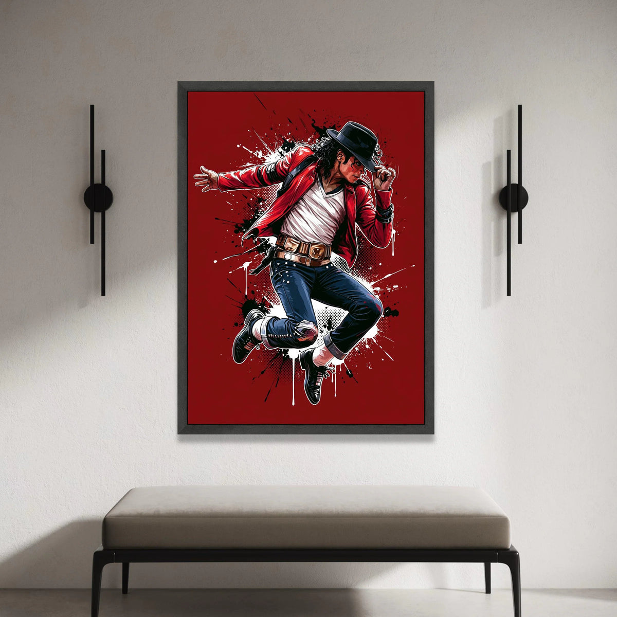 Iconic Dance Pose Canvas Wall Art, Red Jacket Figure, Black Hat Illustration, Dynamic Music Wall Decor, Modern Pop Art Canvas Print Art
