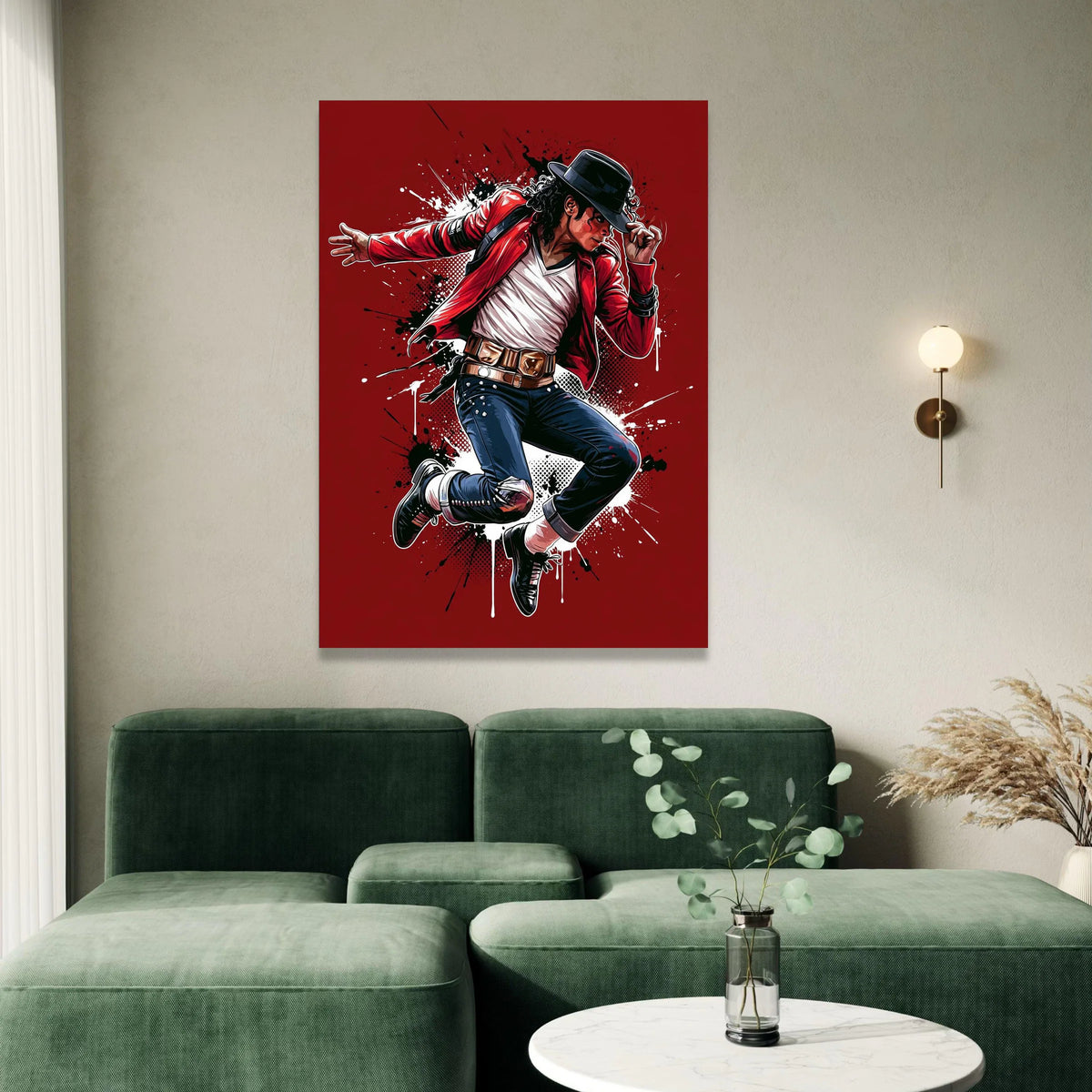 Iconic Dance Pose Canvas Wall Art, Red Jacket Figure, Black Hat Illustration, Dynamic Music Wall Decor, Modern Pop Art Canvas Print Art