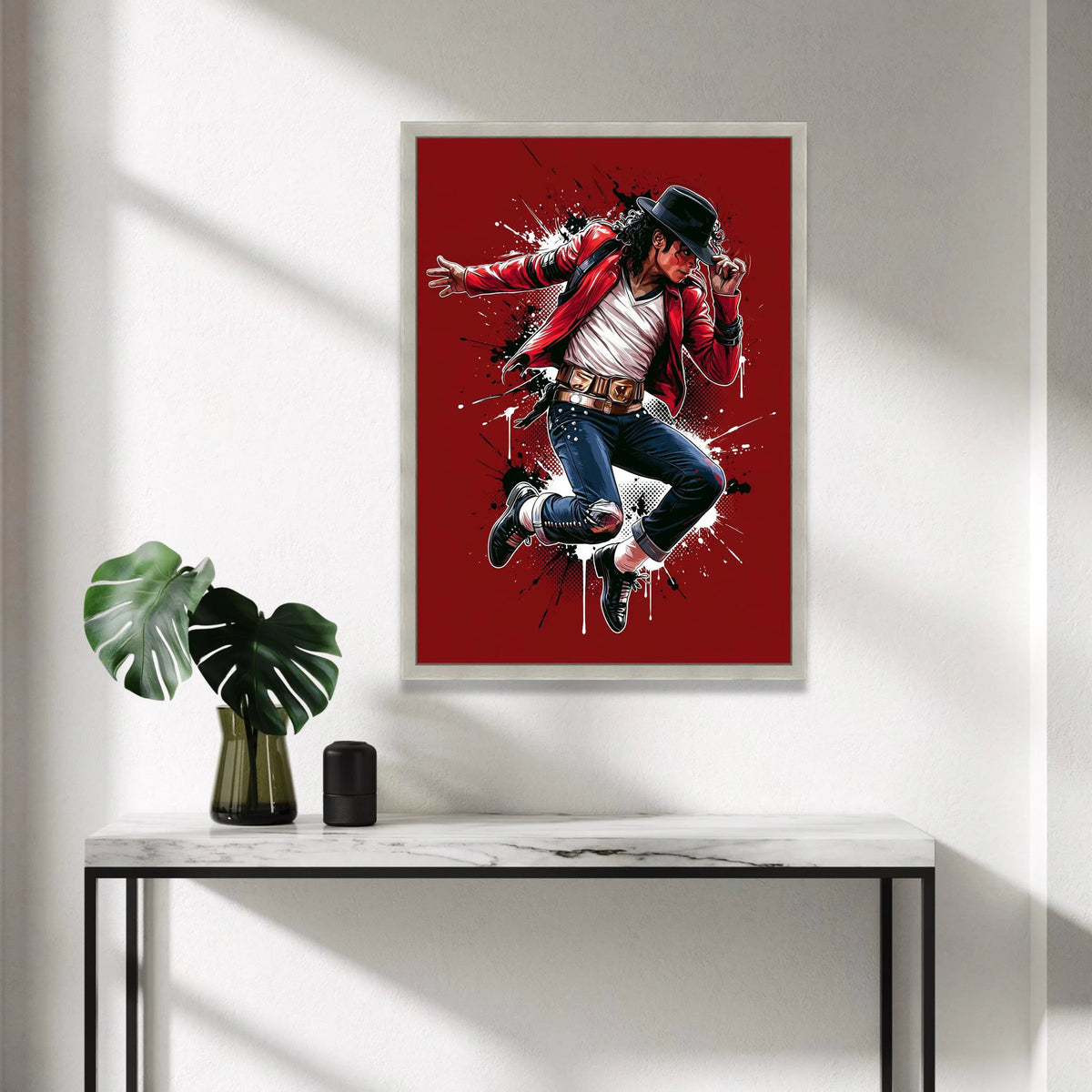 Iconic Dance Pose Canvas Wall Art, Red Jacket Figure, Black Hat Illustration, Dynamic Music Wall Decor, Modern Pop Art Canvas Print Art