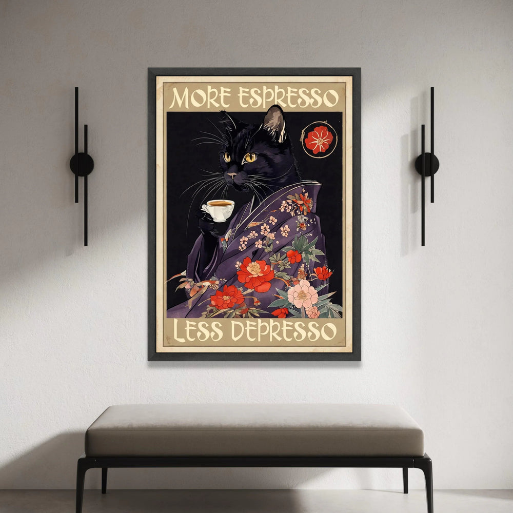 Black Cat with Espresso Cup Canvas, Floral Kimono Cat Art, Coffee Lover Wall Decoration, Whimsical Cat Canvas, Home Coffee Canvas Print Art
