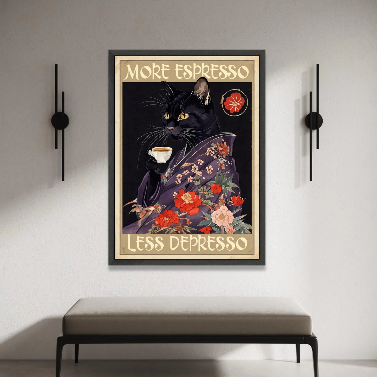 Black Cat with Espresso Cup Canvas, Floral Kimono Cat Art, Coffee Lover Wall Decoration, Whimsical Cat Canvas, Home Coffee Canvas Print Art