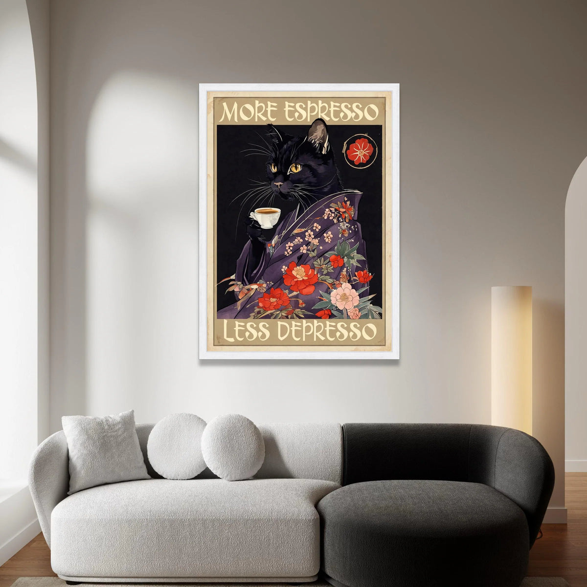 Black Cat with Espresso Cup Canvas, Floral Kimono Cat Art, Coffee Lover Wall Decoration, Whimsical Cat Canvas, Home Coffee Canvas Print Art