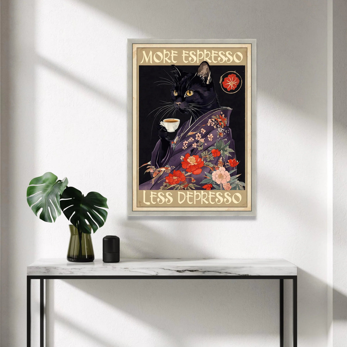 Black Cat with Espresso Cup Canvas, Floral Kimono Cat Art, Coffee Lover Wall Decoration, Whimsical Cat Canvas, Home Coffee Canvas Print Art