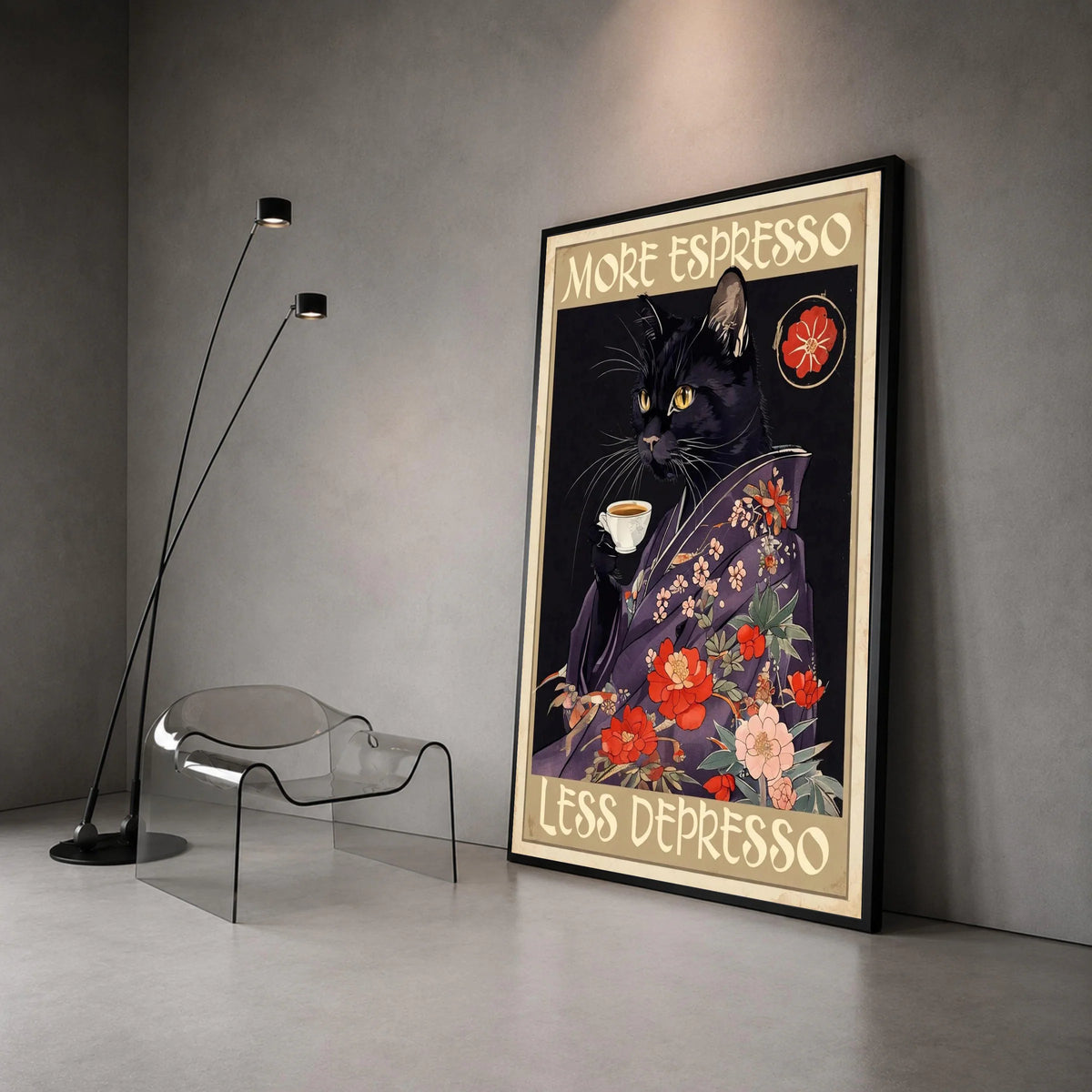 Black Cat with Espresso Cup Canvas, Floral Kimono Cat Art, Coffee Lover Wall Decoration, Whimsical Cat Canvas, Home Coffee Canvas Print Art