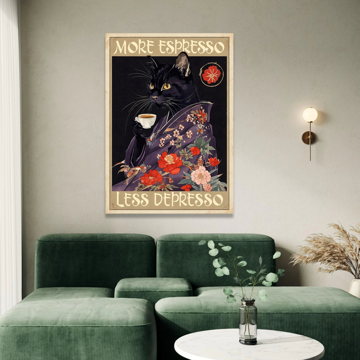 Black Cat with Espresso Cup Canvas, Floral Kimono Cat Art, Coffee Lover Wall Decoration, Whimsical Cat Canvas, Home Coffee Canvas Print Art
