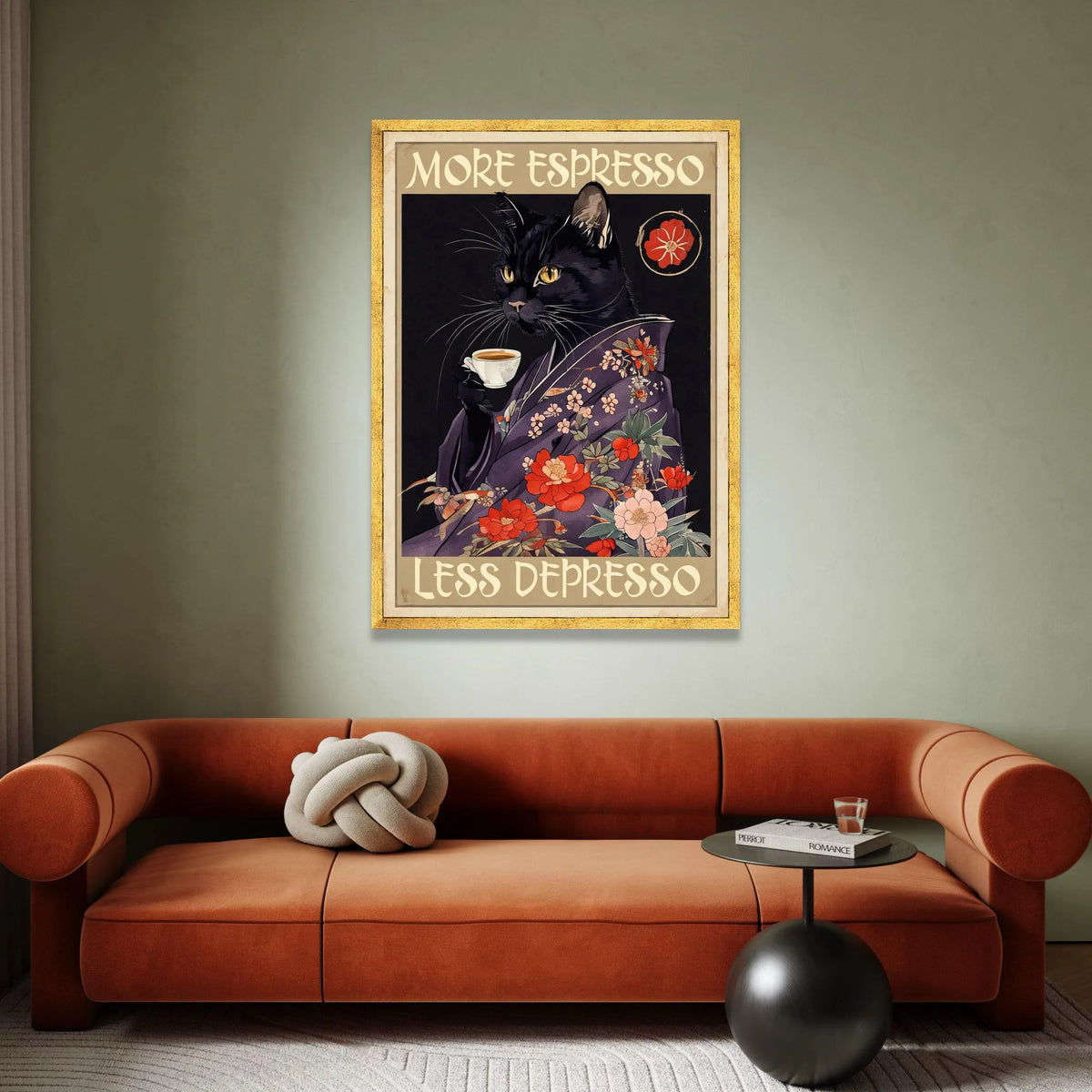 Black Cat with Espresso Cup Canvas, Floral Kimono Cat Art, Coffee Lover Wall Decoration, Whimsical Cat Canvas, Home Coffee Canvas Print Art