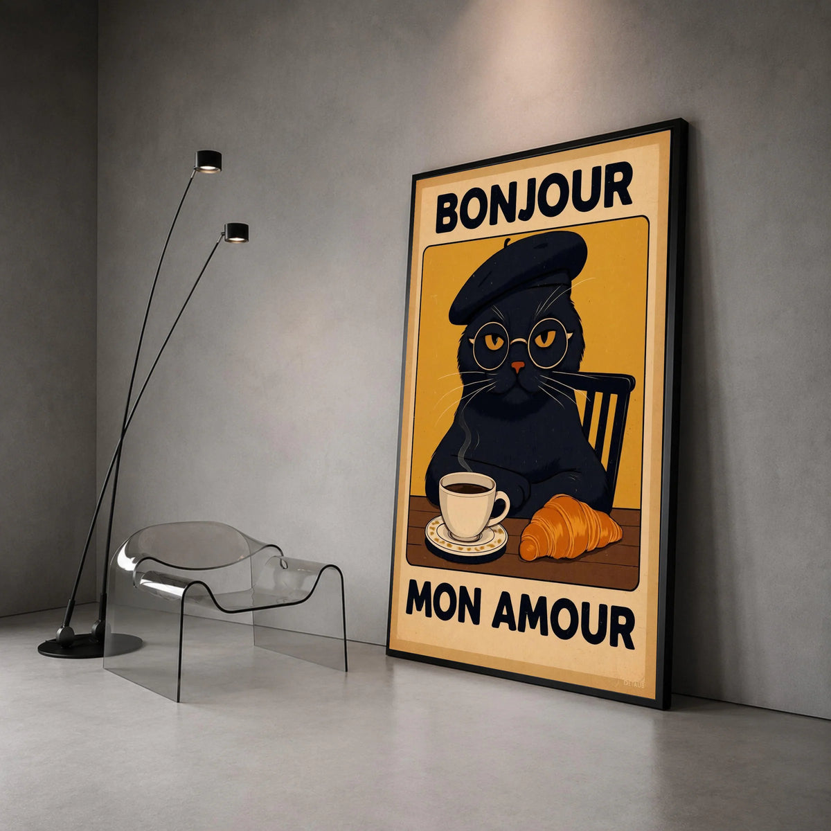 Bonjour Mon Amour Cat Canvas Wall Art, French Cafe Style Poster, Black Cat with Coffee and Croissant, Kitchen and Dining Canvas Print Art