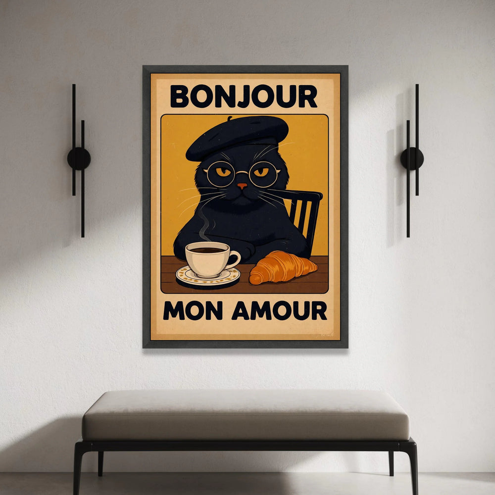Bonjour Mon Amour Cat Canvas Wall Art, French Cafe Style Poster, Black Cat with Coffee and Croissant, Kitchen and Dining Canvas Print Art