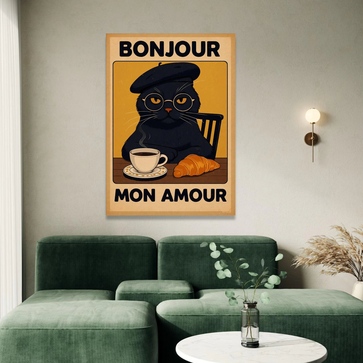 Bonjour Mon Amour Cat Canvas Wall Art, French Cafe Style Poster, Black Cat with Coffee and Croissant, Kitchen and Dining Canvas Print Art