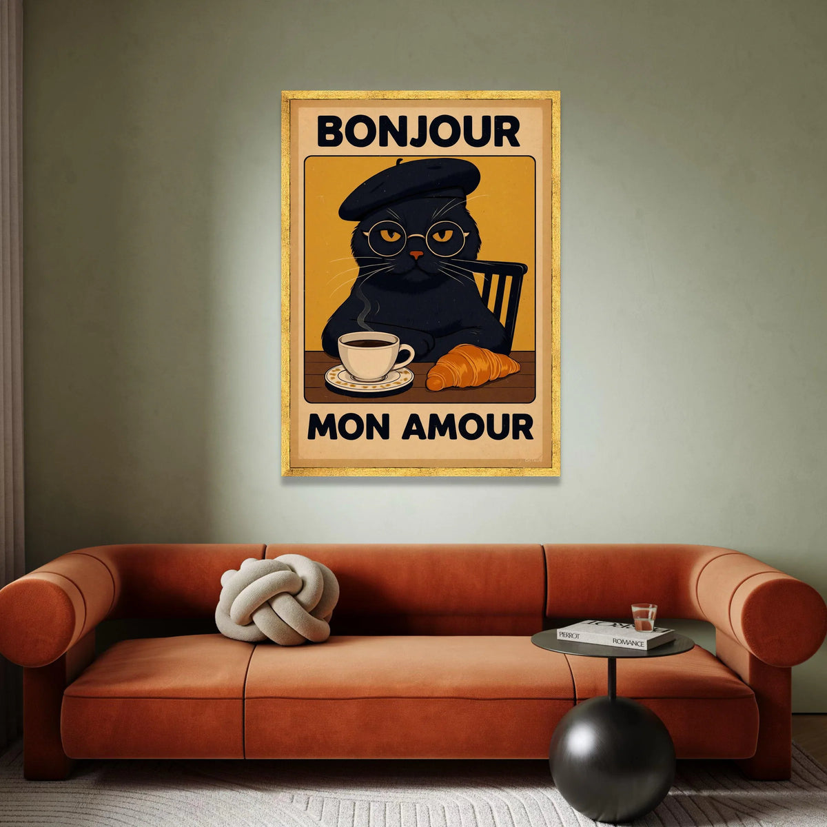 Bonjour Mon Amour Cat Canvas Wall Art, French Cafe Style Poster, Black Cat with Coffee and Croissant, Kitchen and Dining Canvas Print Art