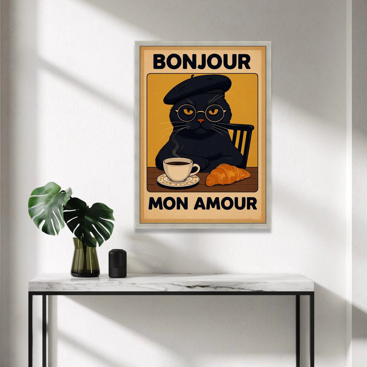 Bonjour Mon Amour Cat Canvas Wall Art, French Cafe Style Poster, Black Cat with Coffee and Croissant, Kitchen and Dining Canvas Print Art