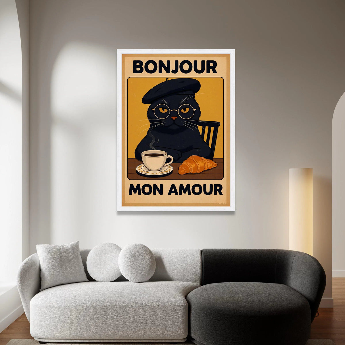 Bonjour Mon Amour Cat Canvas Wall Art, French Cafe Style Poster, Black Cat with Coffee and Croissant, Kitchen and Dining Canvas Print Art