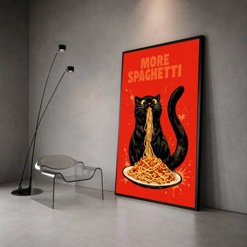 Whimsical Black Cat Eating Spaghetti, Funny Food Canvas Wall Art, Playful Kitchen Decoration, Vibrant Red Background Canvas Print Art