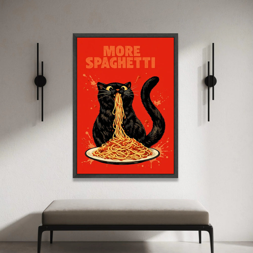 Whimsical Black Cat Eating Spaghetti, Funny Food Canvas Wall Art, Playful Kitchen Decoration, Vibrant Red Background Canvas Print Art