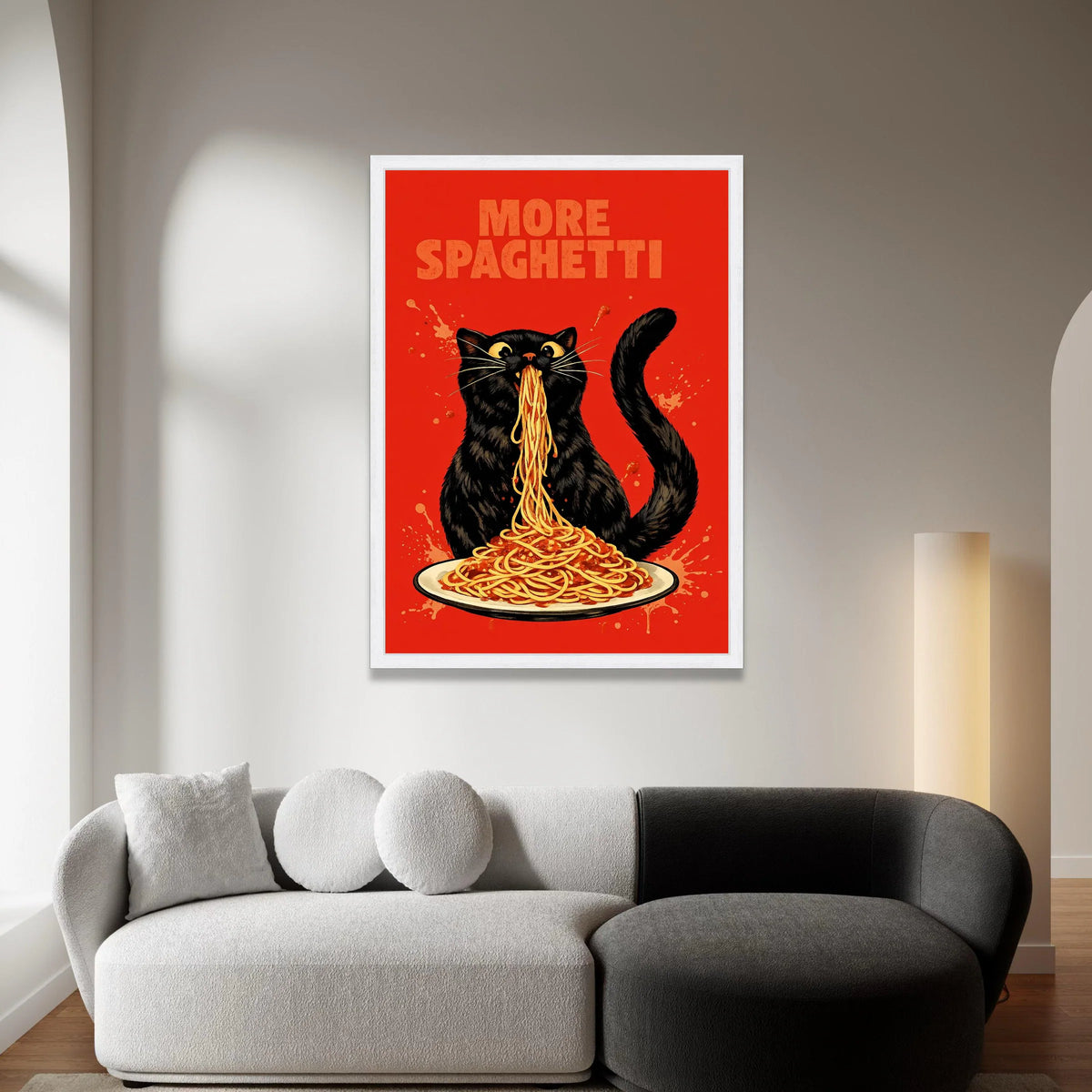 Whimsical Black Cat Eating Spaghetti, Funny Food Canvas Wall Art, Playful Kitchen Decoration, Vibrant Red Background Canvas Print Art