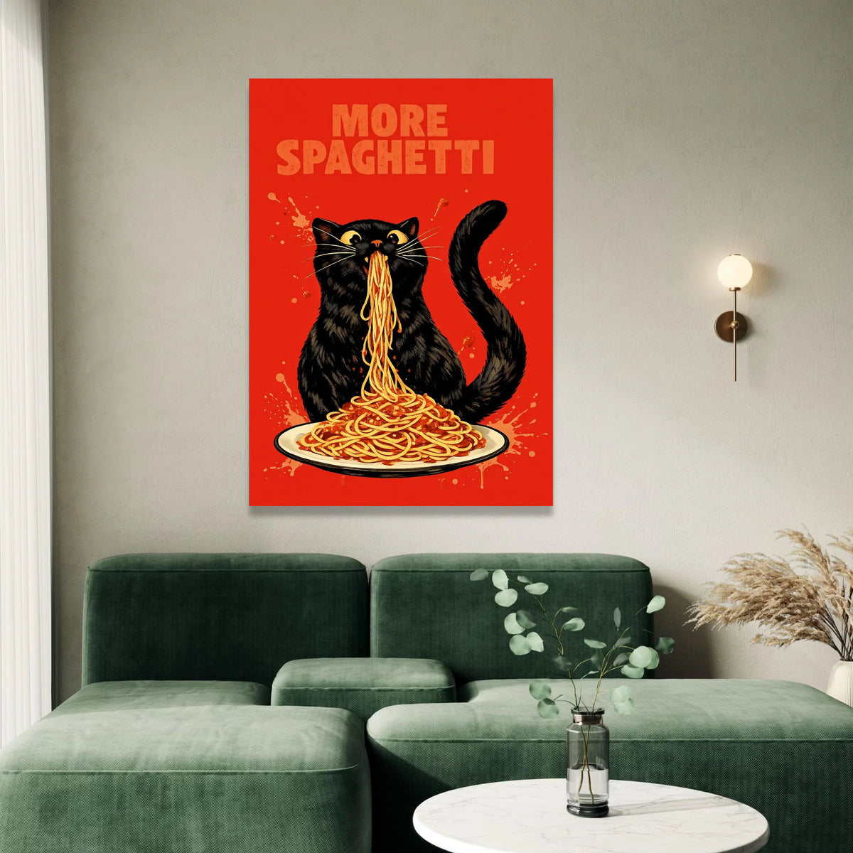 Whimsical Black Cat Eating Spaghetti, Funny Food Canvas Wall Art, Playful Kitchen Decoration, Vibrant Red Background Canvas Print Art