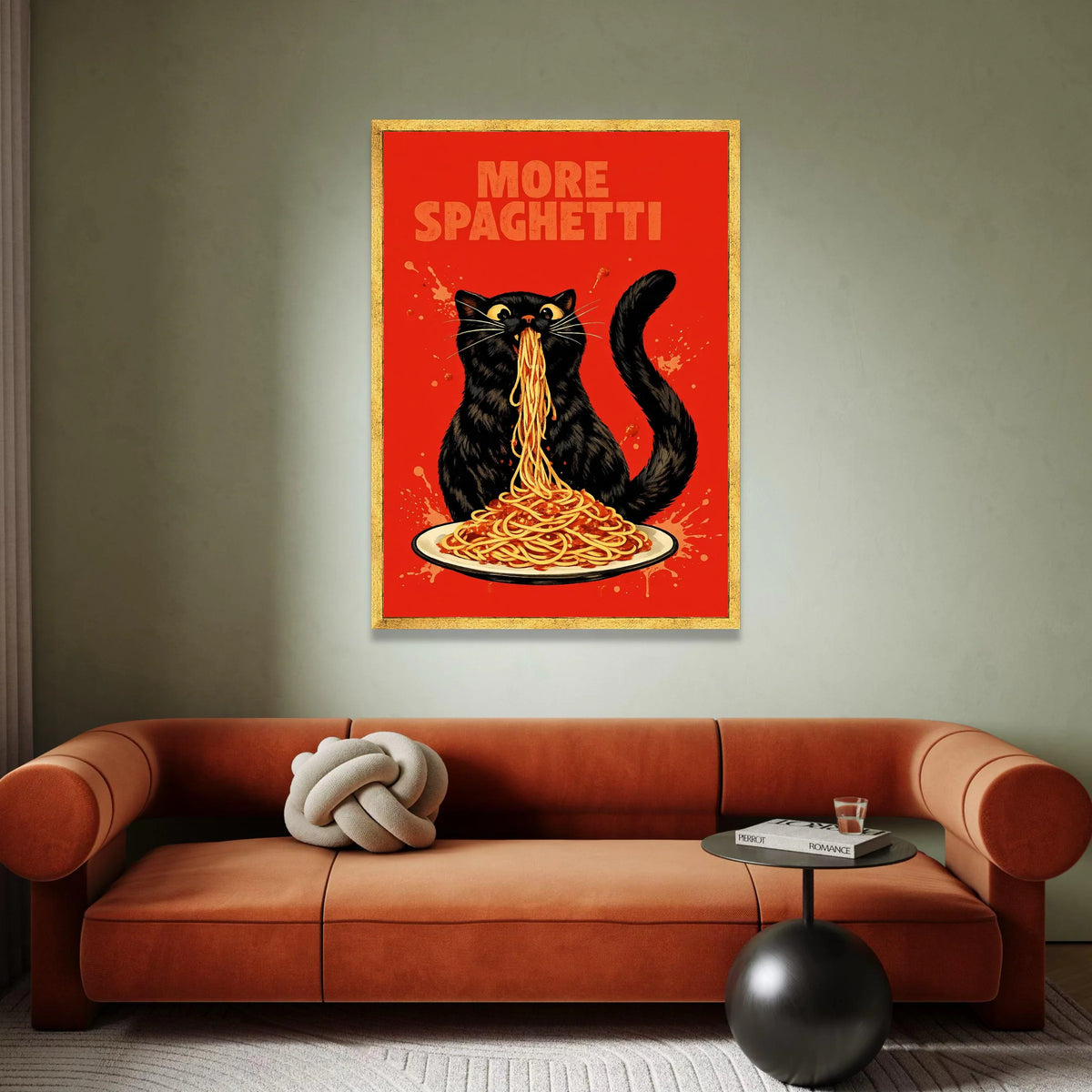 Whimsical Black Cat Eating Spaghetti, Funny Food Canvas Wall Art, Playful Kitchen Decoration, Vibrant Red Background Canvas Print Art
