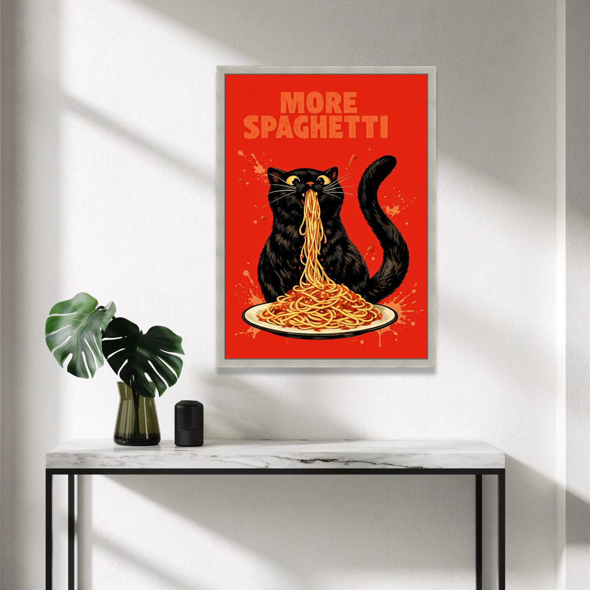 Whimsical Black Cat Eating Spaghetti, Funny Food Canvas Wall Art, Playful Kitchen Decoration, Vibrant Red Background Canvas Print Art