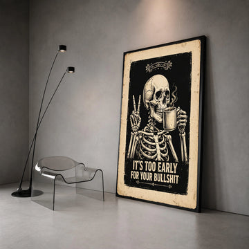 Humorous Skeleton Drinking Coffee Canvas, Morning Sarcastic Quote Wall Art, Vintage Style Dark Decor, Ready to Hang Canvas Canvas Print Art
