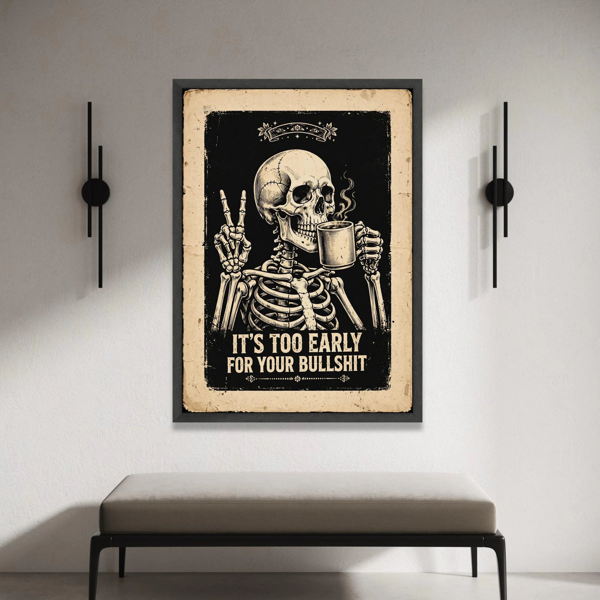 Humorous Skeleton Drinking Coffee Canvas, Morning Sarcastic Quote Wall Art, Vintage Style Dark Decor, Ready to Hang Canvas Canvas Print Art