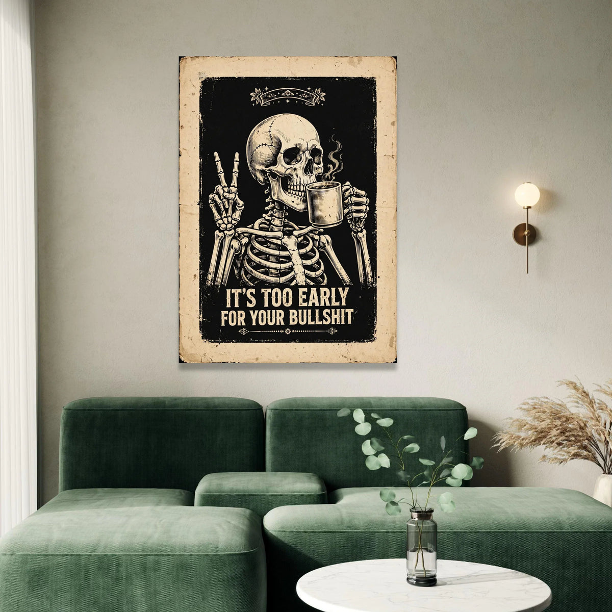 Humorous Skeleton Drinking Coffee Canvas, Morning Sarcastic Quote Wall Art, Vintage Style Dark Decor, Ready to Hang Canvas Canvas Print Art
