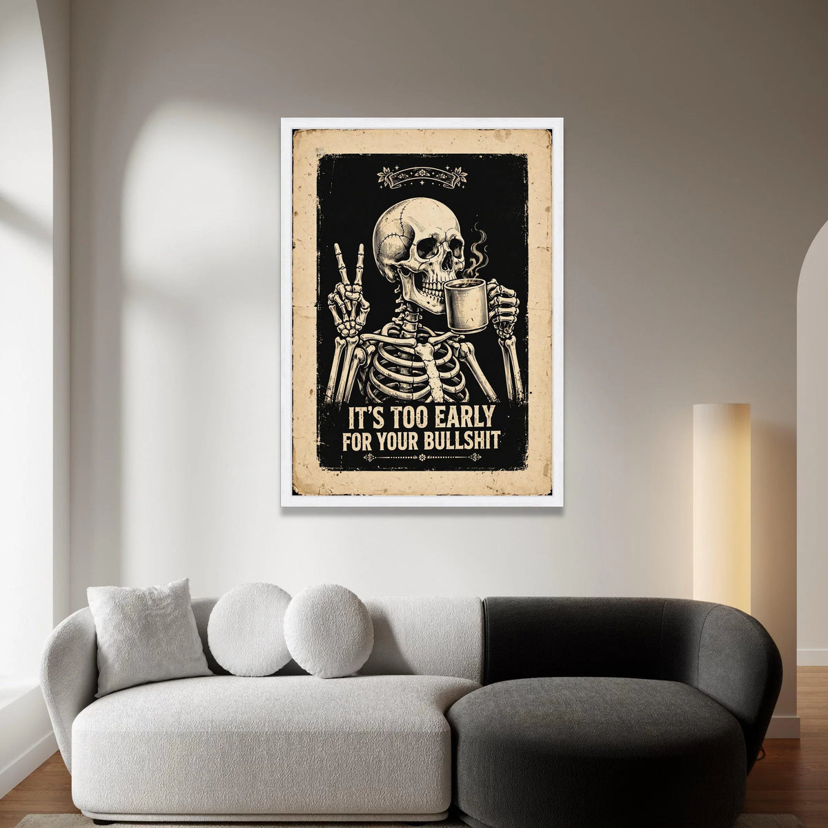 Humorous Skeleton Drinking Coffee Canvas, Morning Sarcastic Quote Wall Art, Vintage Style Dark Decor, Ready to Hang Canvas Canvas Print Art