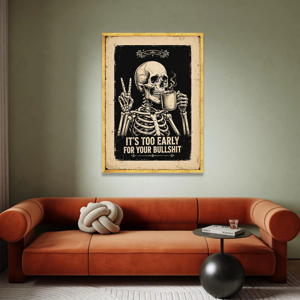 Humorous Skeleton Drinking Coffee Canvas, Morning Sarcastic Quote Wall Art, Vintage Style Dark Decor, Ready to Hang Canvas Canvas Print Art