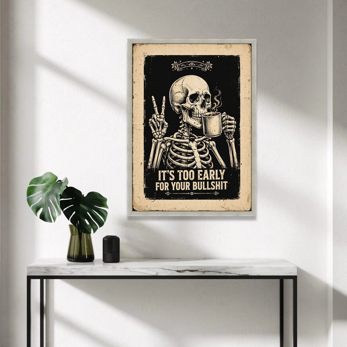 Humorous Skeleton Drinking Coffee Canvas, Morning Sarcastic Quote Wall Art, Vintage Style Dark Decor, Ready to Hang Canvas Canvas Print Art