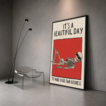 Relaxing Skeleton Wall Art, Humorous Canvas Print, Modern Minimalist Decor, Bold Red Background, Funny Quote Canvas, Unique Canvas Print Art