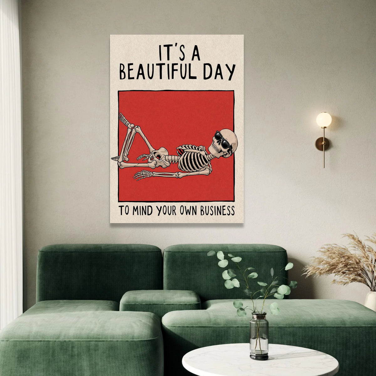 Relaxing Skeleton Wall Art, Humorous Canvas Print, Modern Minimalist Decor, Bold Red Background, Funny Quote Canvas, Unique Canvas Print Art