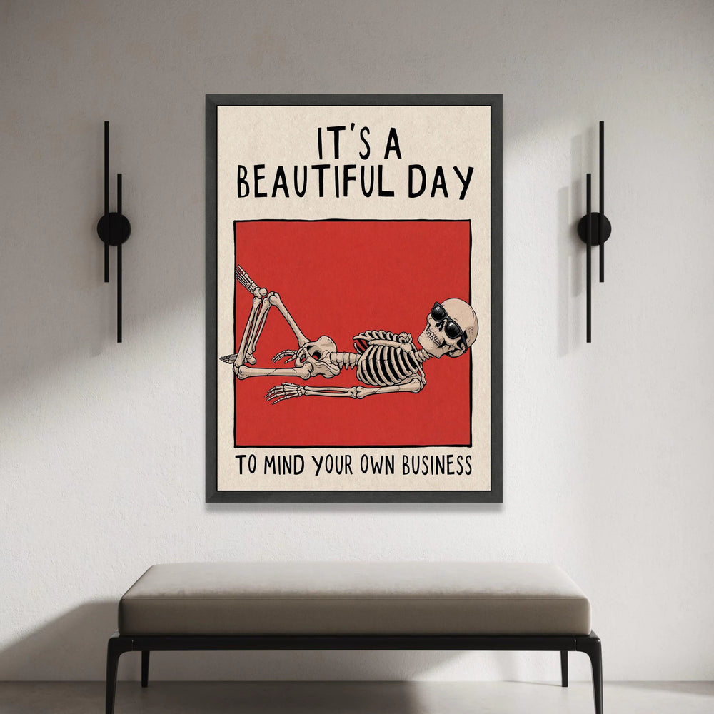 Relaxing Skeleton Wall Art, Humorous Canvas Print, Modern Minimalist Decor, Bold Red Background, Funny Quote Canvas, Unique Canvas Print Art