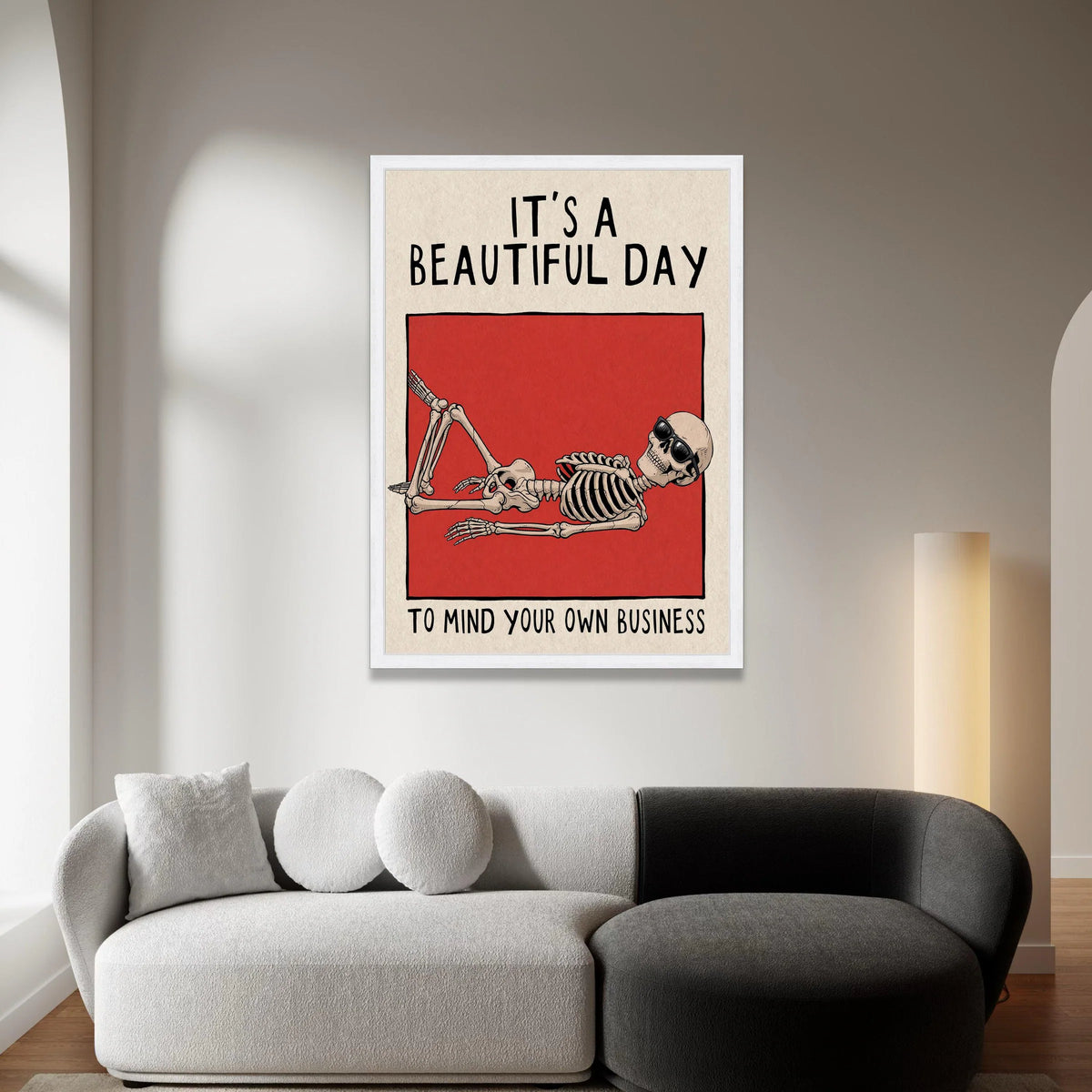 Relaxing Skeleton Wall Art, Humorous Canvas Print, Modern Minimalist Decor, Bold Red Background, Funny Quote Canvas, Unique Canvas Print Art
