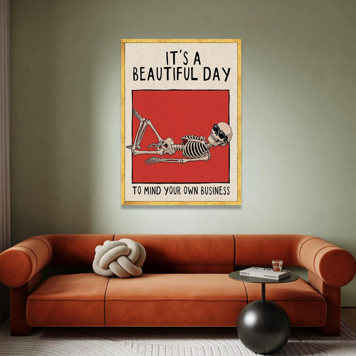 Relaxing Skeleton Wall Art, Humorous Canvas Print, Modern Minimalist Decor, Bold Red Background, Funny Quote Canvas, Unique Canvas Print Art