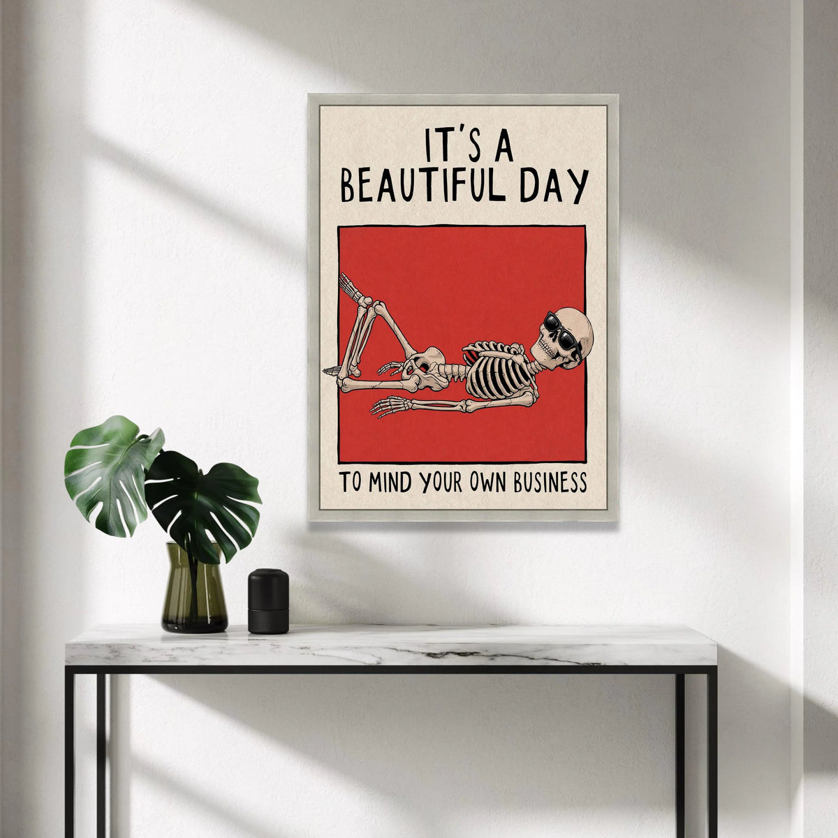 Relaxing Skeleton Wall Art, Humorous Canvas Print, Modern Minimalist Decor, Bold Red Background, Funny Quote Canvas, Unique Canvas Print Art
