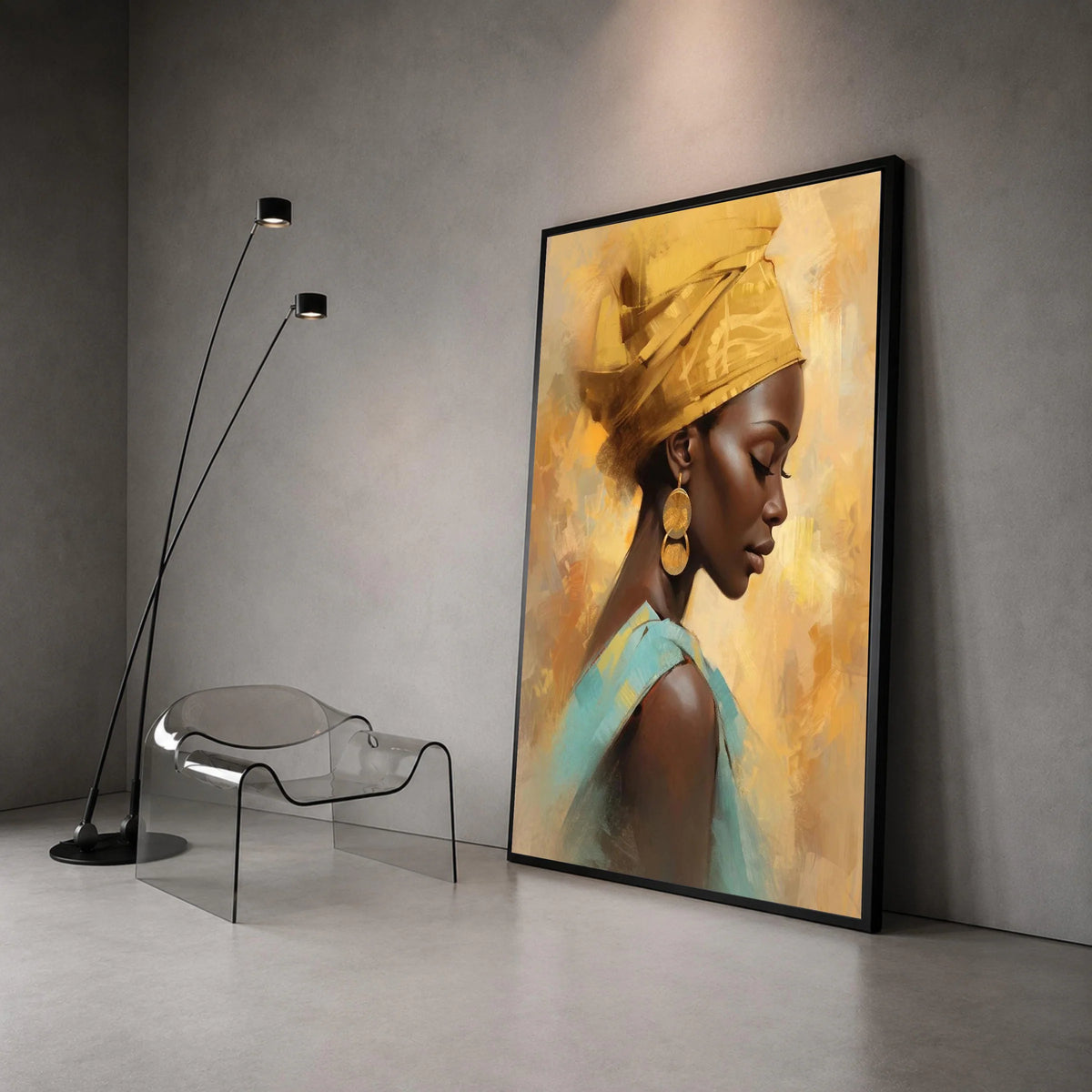 Elegant African Woman Portrait Canvas, Yellow Headwrap Art, Modern Ethnic Wall Decor, Brown Skin Beauty Canvas, Home Canvas Print Art