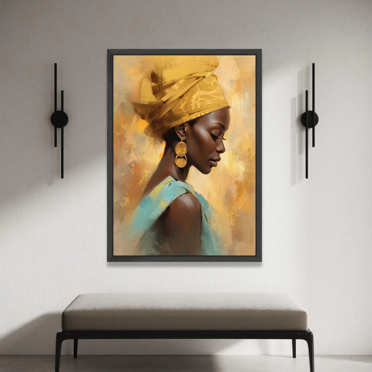 Elegant African Woman Portrait Canvas, Yellow Headwrap Art, Modern Ethnic Wall Decor, Brown Skin Beauty Canvas, Home Canvas Print Art
