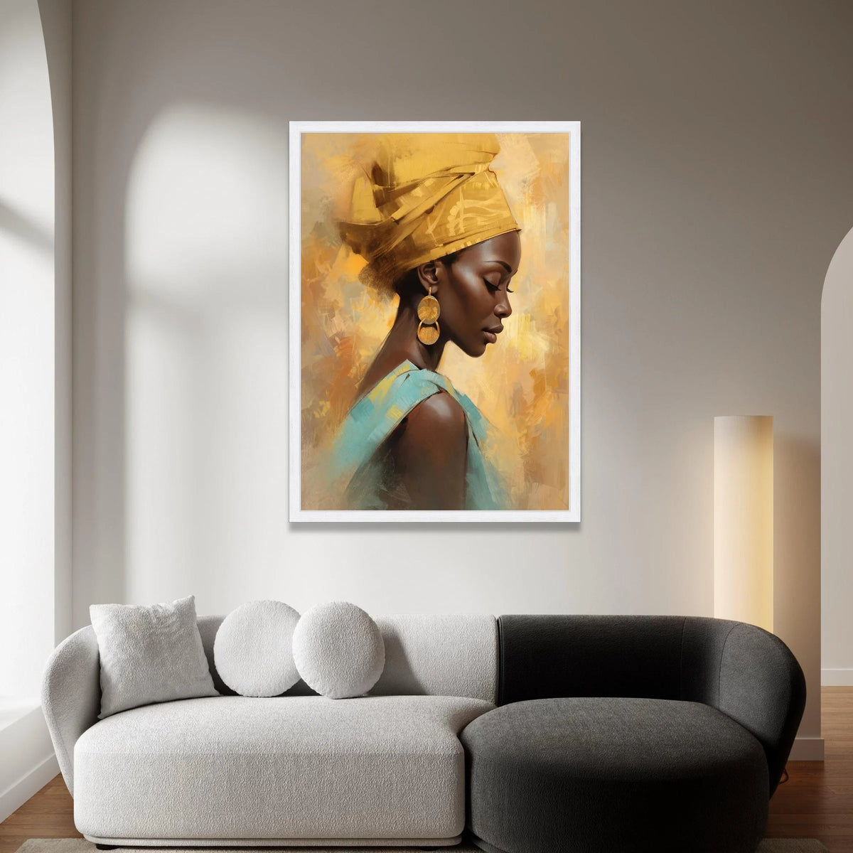 Elegant African Woman Portrait Canvas, Yellow Headwrap Art, Modern Ethnic Wall Decor, Brown Skin Beauty Canvas, Home Canvas Print Art