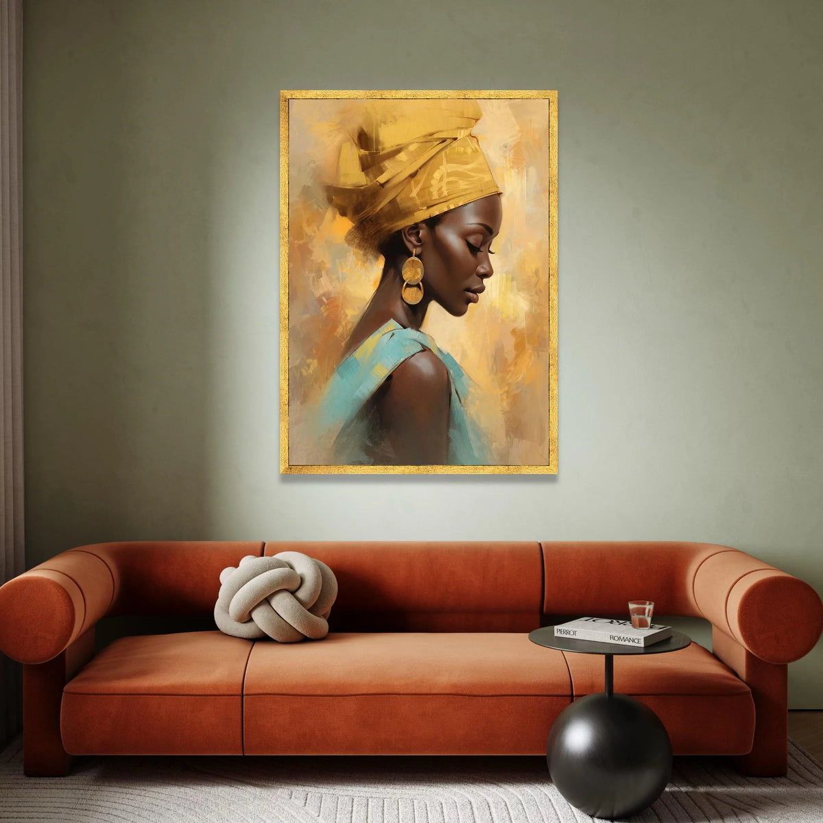 Elegant African Woman Portrait Canvas, Yellow Headwrap Art, Modern Ethnic Wall Decor, Brown Skin Beauty Canvas, Home Canvas Print Art