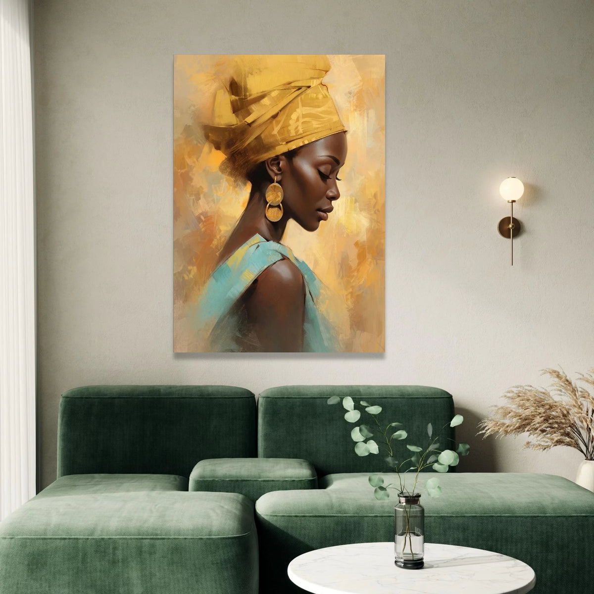 Elegant African Woman Portrait Canvas, Yellow Headwrap Art, Modern Ethnic Wall Decor, Brown Skin Beauty Canvas, Home Canvas Print Art