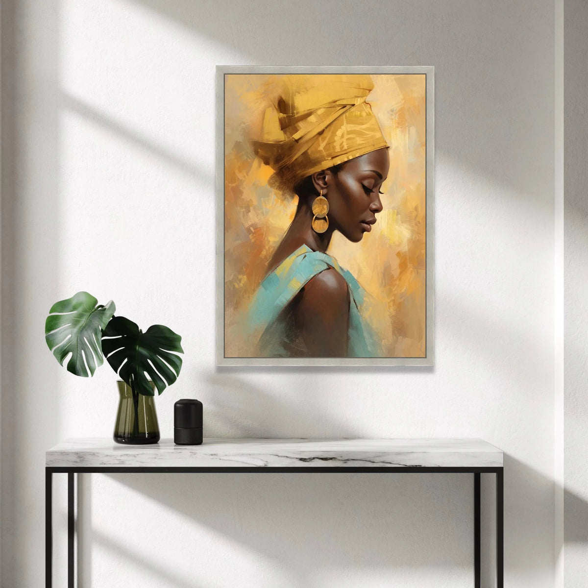 Elegant African Woman Portrait Canvas, Yellow Headwrap Art, Modern Ethnic Wall Decor, Brown Skin Beauty Canvas, Home Canvas Print Art