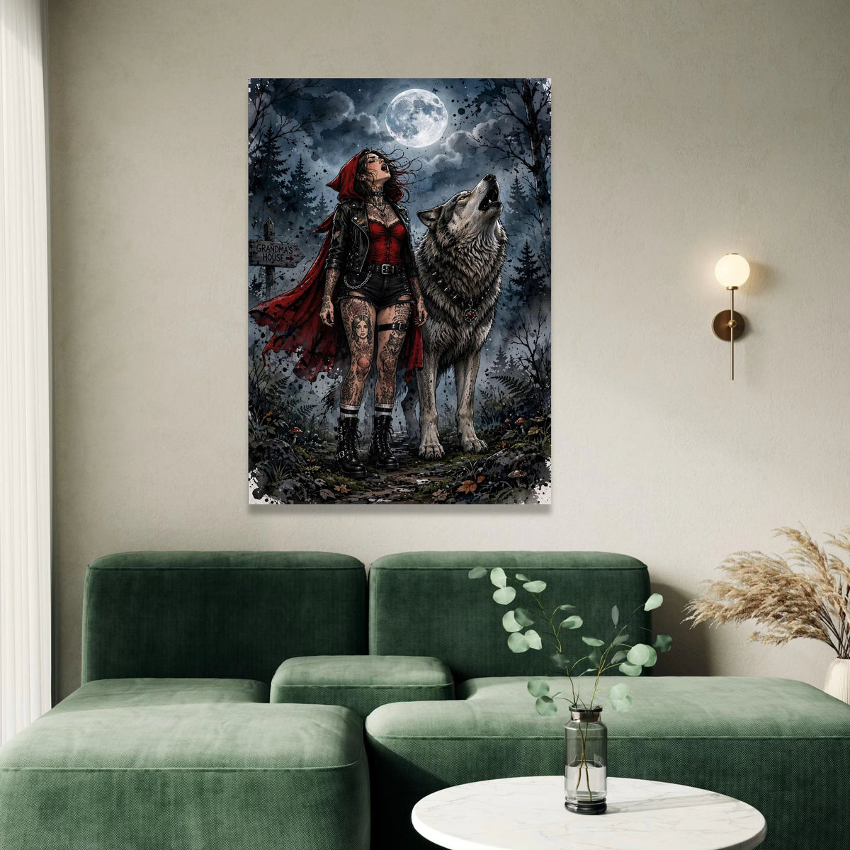 Dark Red Riding Hood with Wolf Howling at Full Moon Canvas Wall Art, Gothic Forest Night Scene, Tattooed Girl and Wolf Canvas Print Art