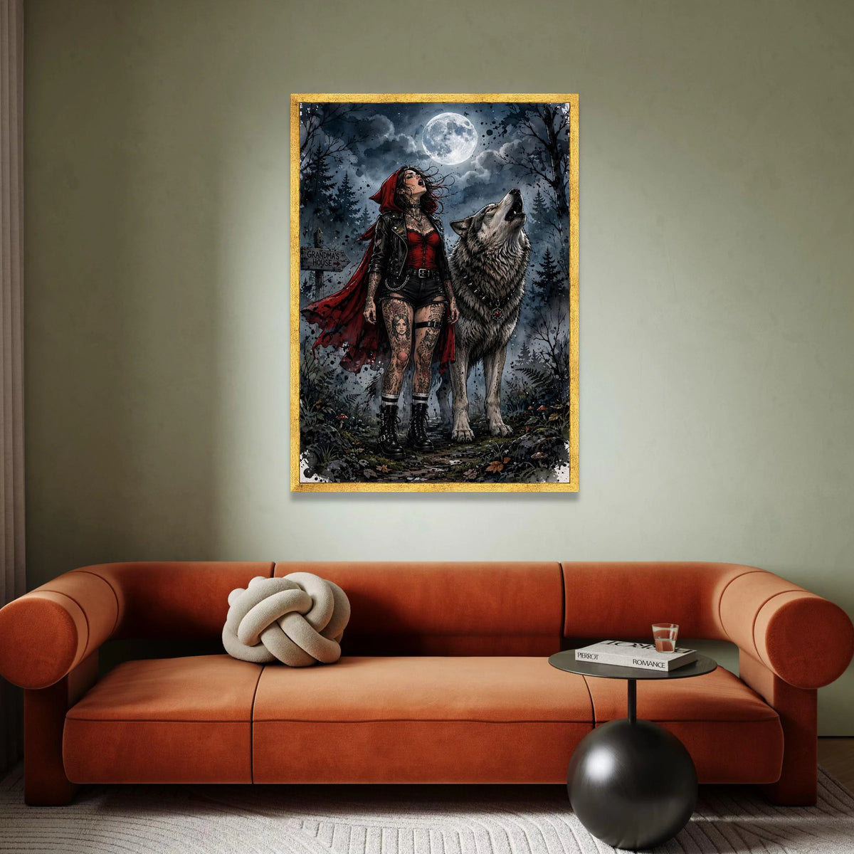 Dark Red Riding Hood with Wolf Howling at Full Moon Canvas Wall Art, Gothic Forest Night Scene, Tattooed Girl and Wolf Canvas Print Art