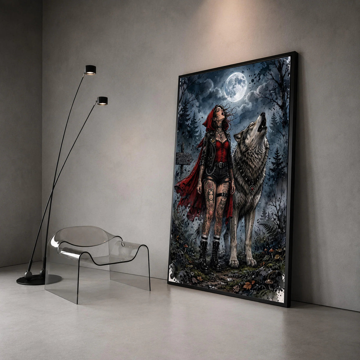Dark Red Riding Hood with Wolf Howling at Full Moon Canvas Wall Art, Gothic Forest Night Scene, Tattooed Girl and Wolf Canvas Print Art
